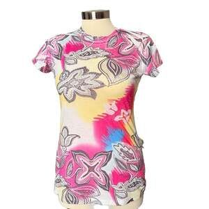 Y2k floral T-shirt pink funky flowers vintage 2000s...best fits small -M